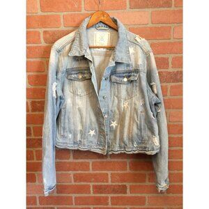 Women's Denim Jean Trucker Jacket Embroidered Stars Distressed Size 2X Angel Kis